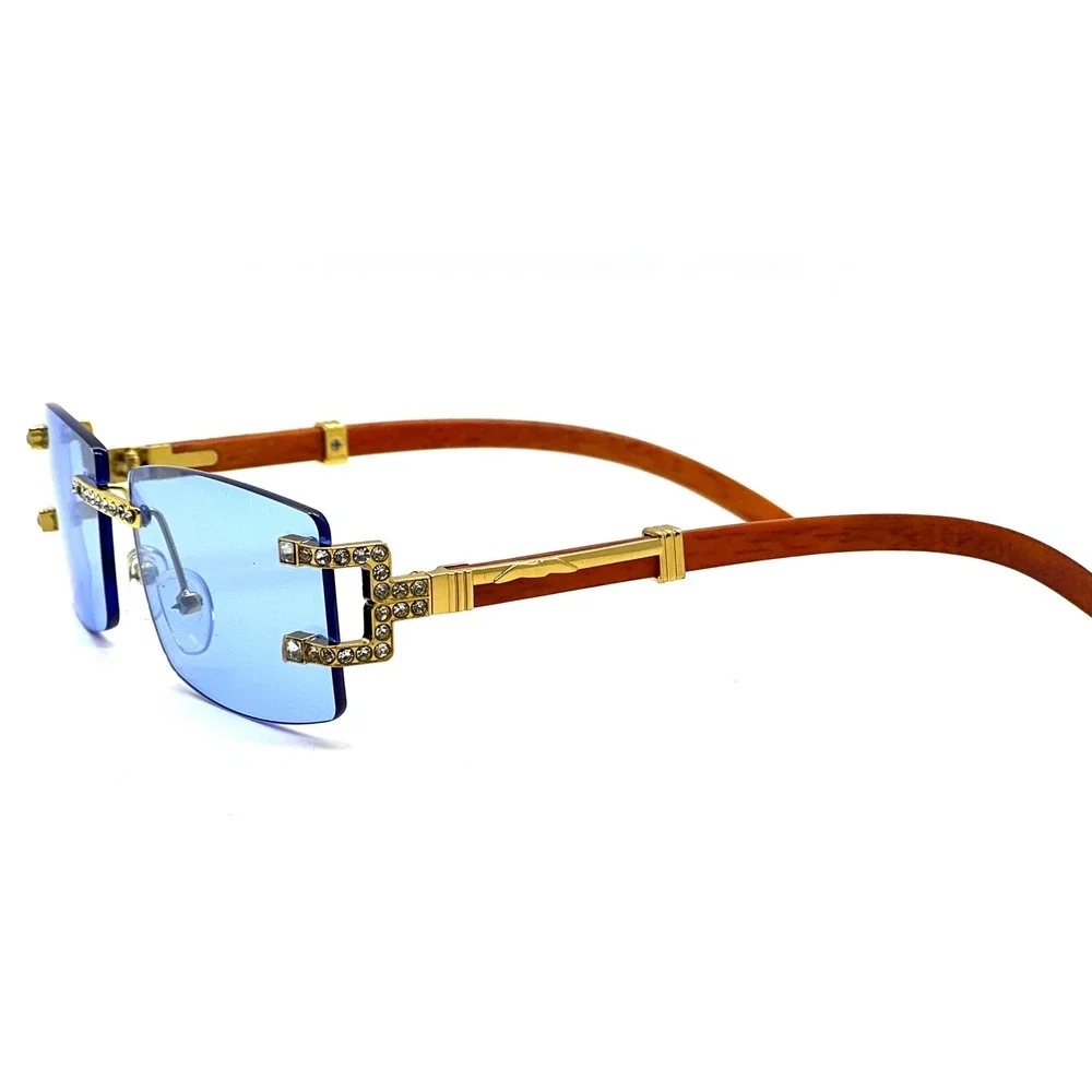 Blue Tint‎ Rimless Rectangle Sunglasses Gold Rhinestone Wood Grain Women UV400